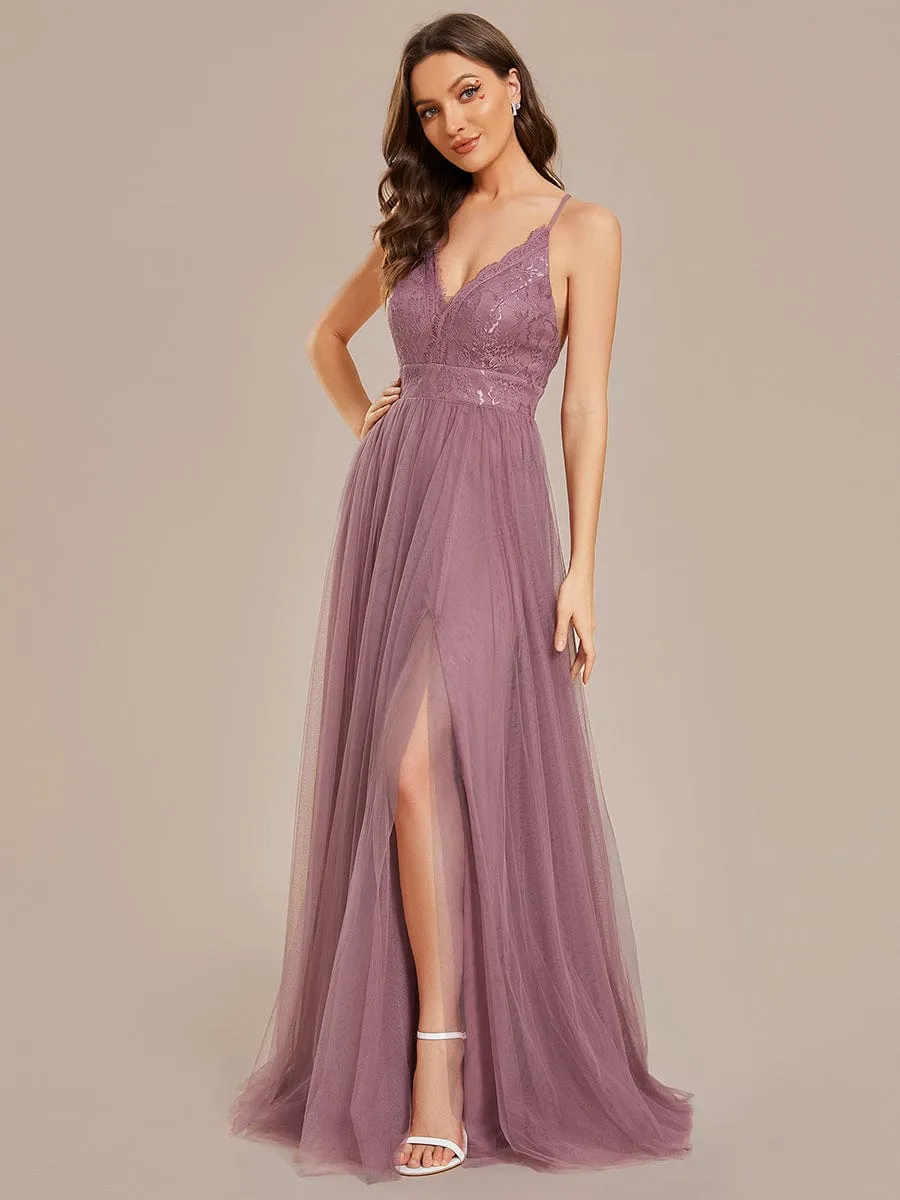 Spaghetti Straps Cross-Back Lace Top A-Line High Slit Tulle Bridesmaid Dress