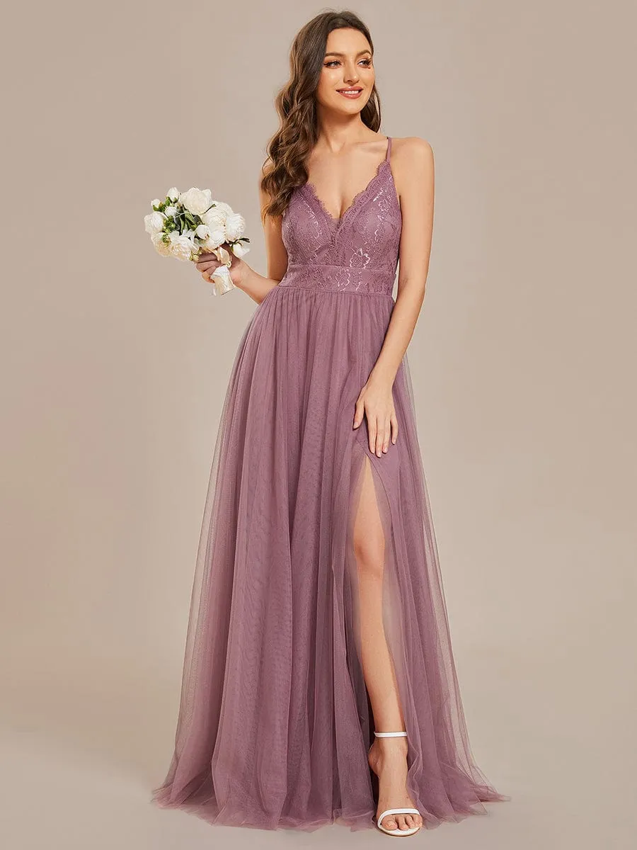 Spaghetti Straps Cross-Back Lace Top A-Line High Slit Tulle Bridesmaid Dress