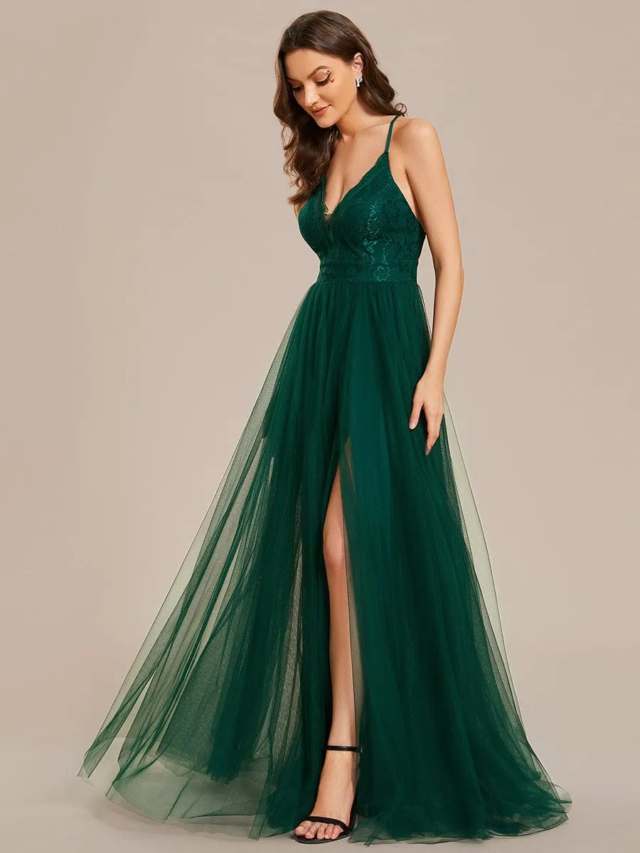 Spaghetti Straps Cross-Back Lace Top A-Line High Slit Tulle Bridesmaid Dress