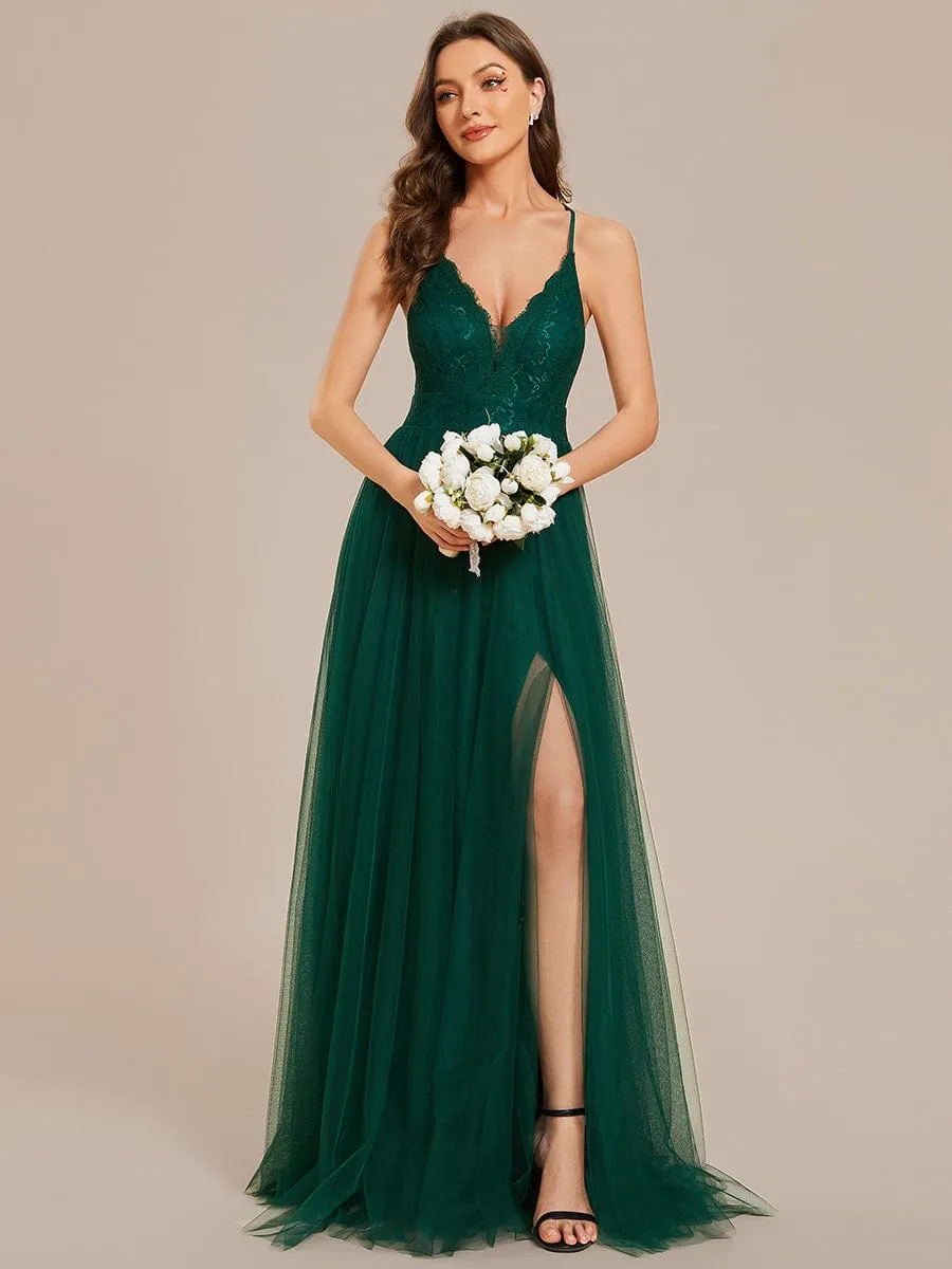 Spaghetti Straps Cross-Back Lace Top A-Line High Slit Tulle Bridesmaid Dress