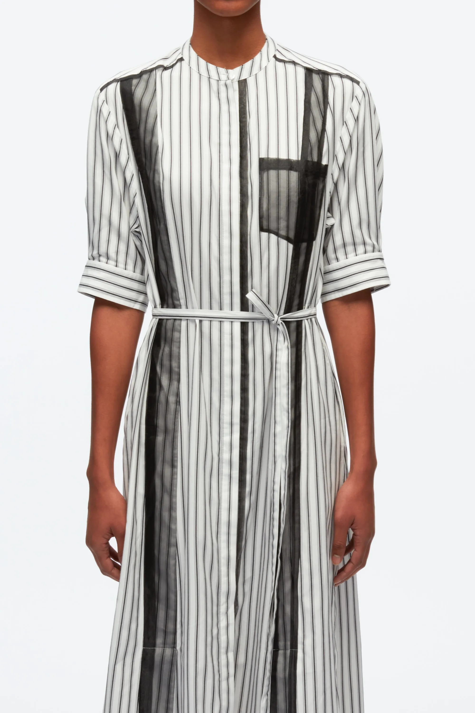 Striped Shirt Dress With Organza Overlay