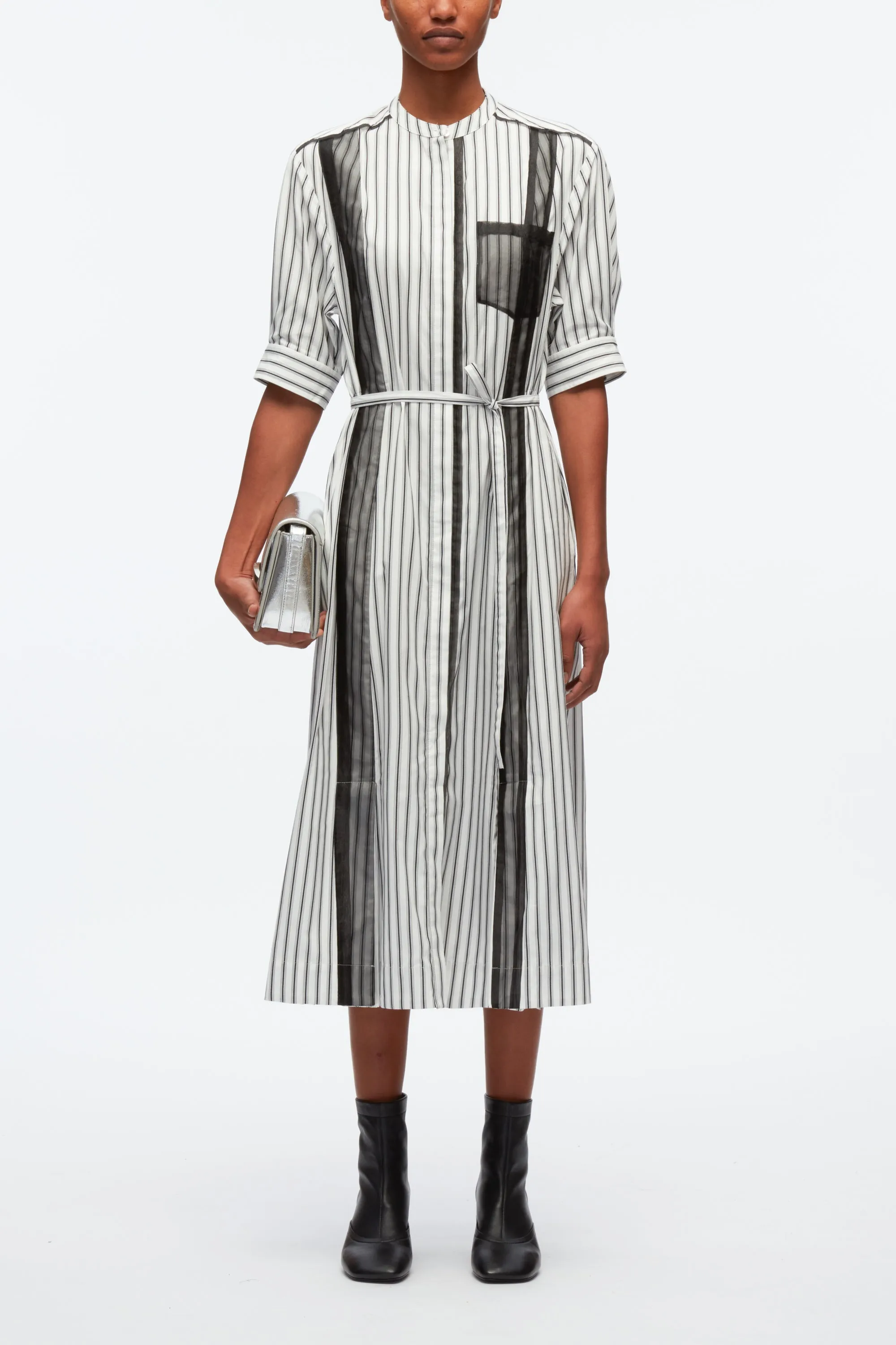 Striped Shirt Dress With Organza Overlay