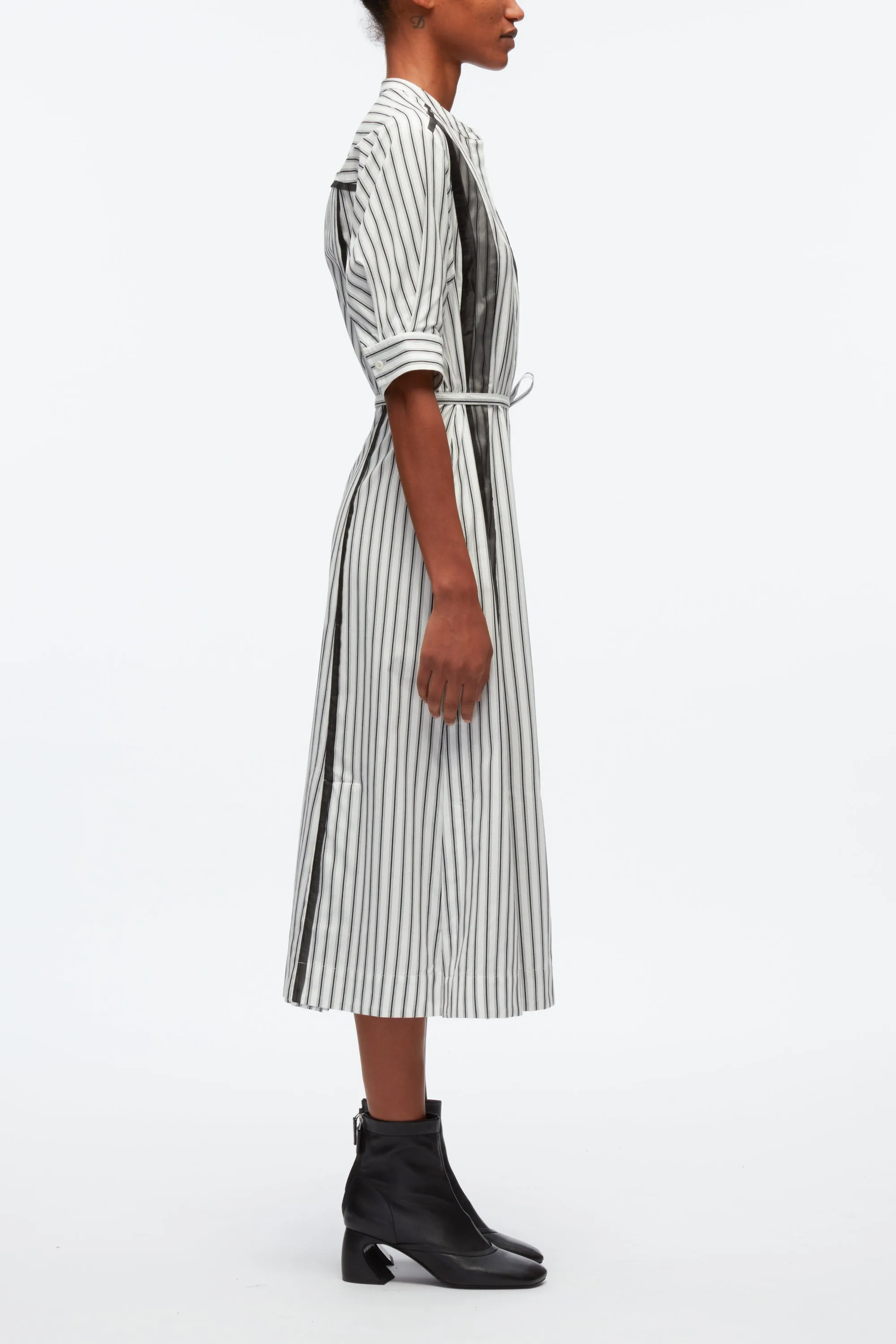 Striped Shirt Dress With Organza Overlay