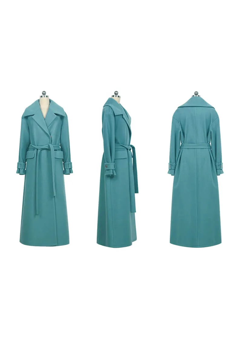 Teal Spread Collar Belted Wrap Maxi Coat