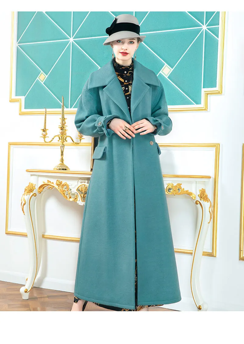 Teal Spread Collar Belted Wrap Maxi Coat