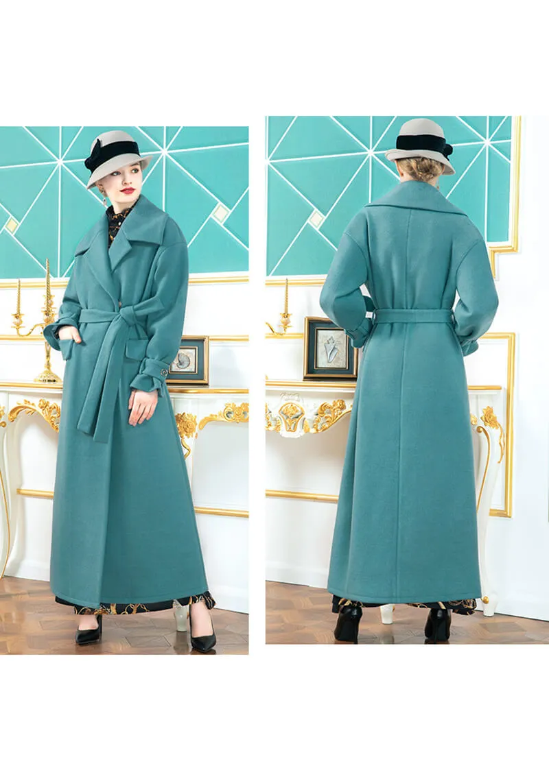 Teal Spread Collar Belted Wrap Maxi Coat