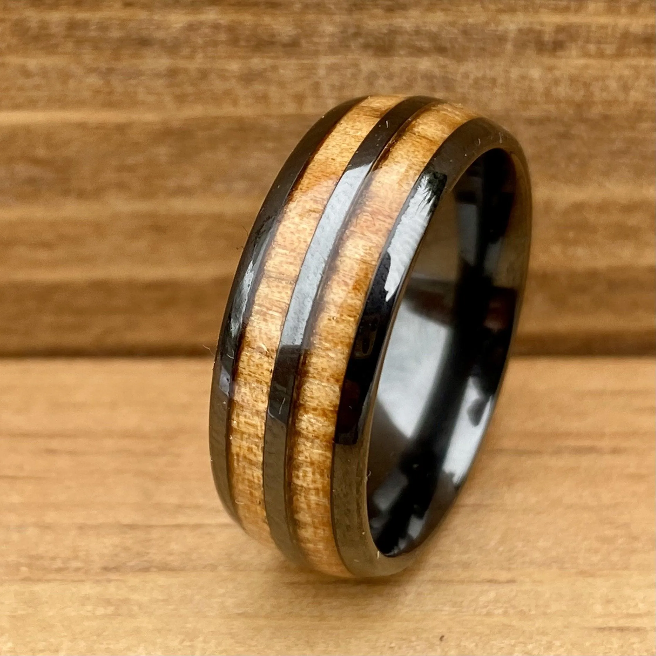 “The Motorist” 100% USA Made Black Ceramic Ring With Wood from A Model T Wheel Spoke