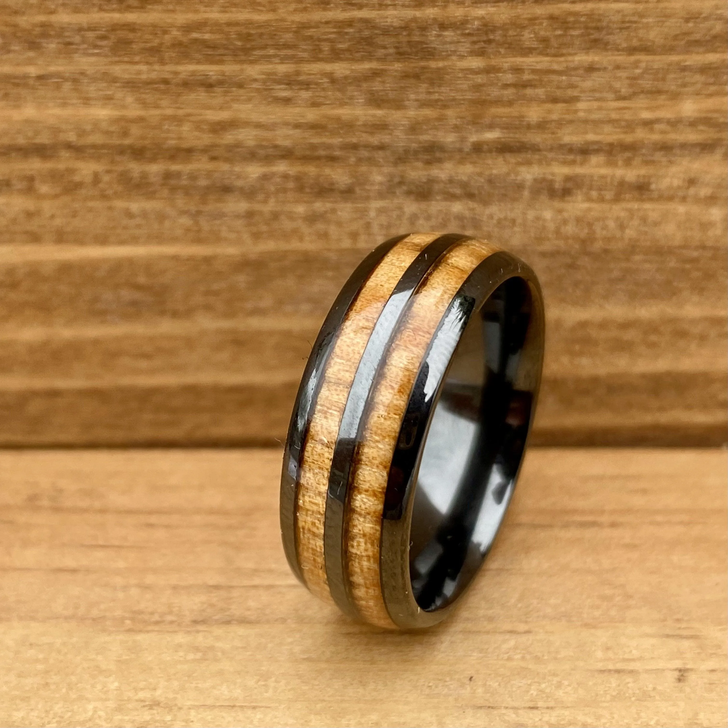 “The Motorist” 100% USA Made Black Ceramic Ring With Wood from A Model T Wheel Spoke