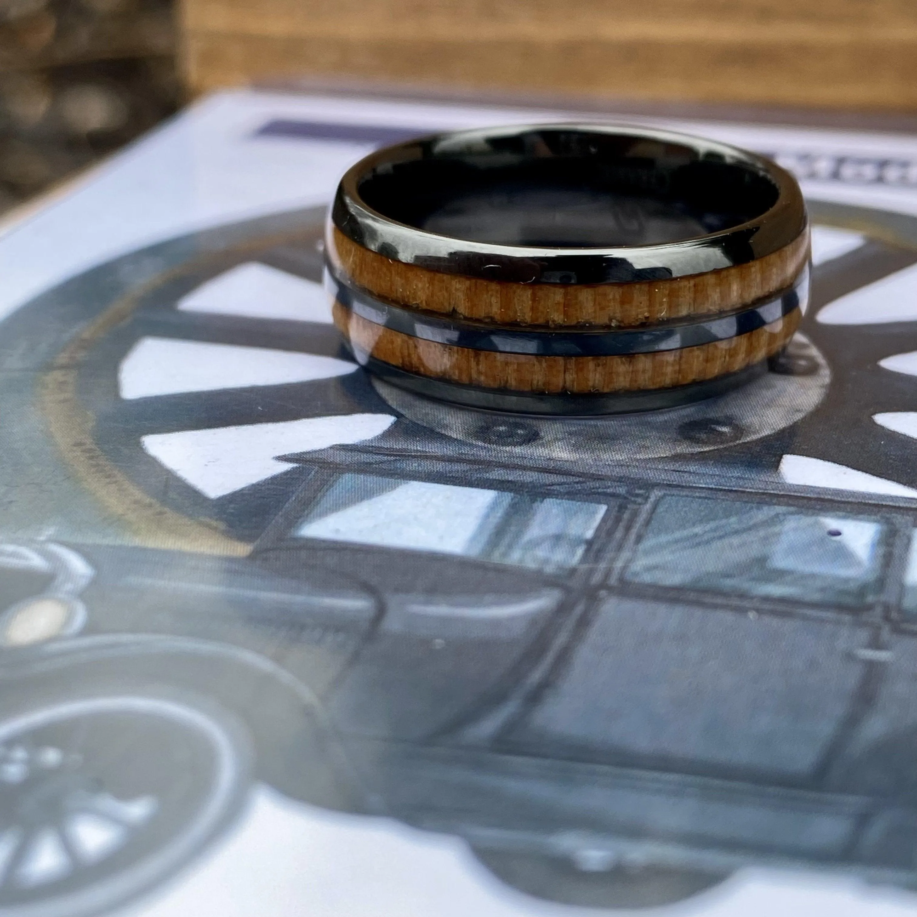 “The Motorist” 100% USA Made Black Ceramic Ring With Wood from A Model T Wheel Spoke