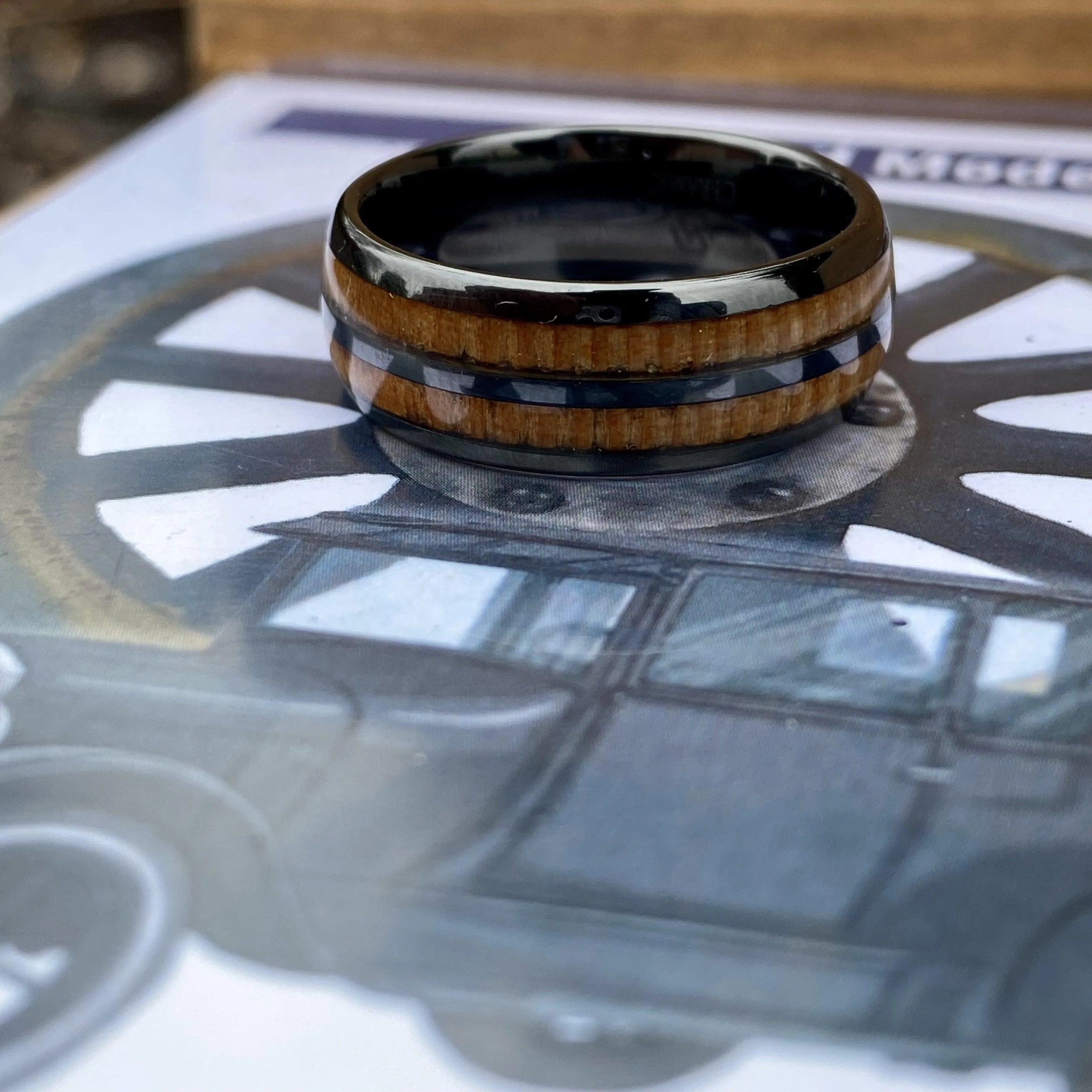 “The Motorist” 100% USA Made Black Ceramic Ring With Wood from A Model T Wheel Spoke