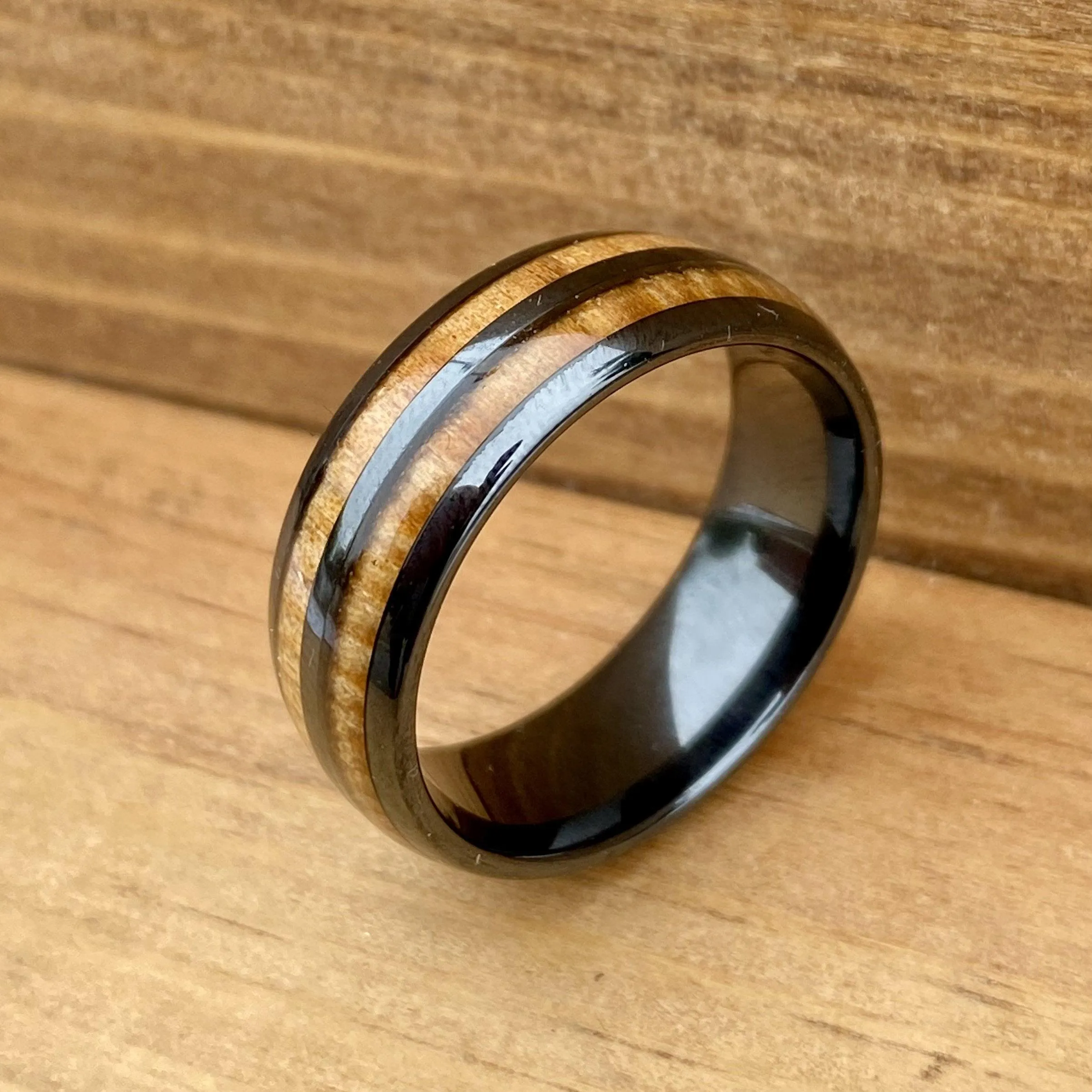 “The Motorist” 100% USA Made Black Ceramic Ring With Wood from A Model T Wheel Spoke