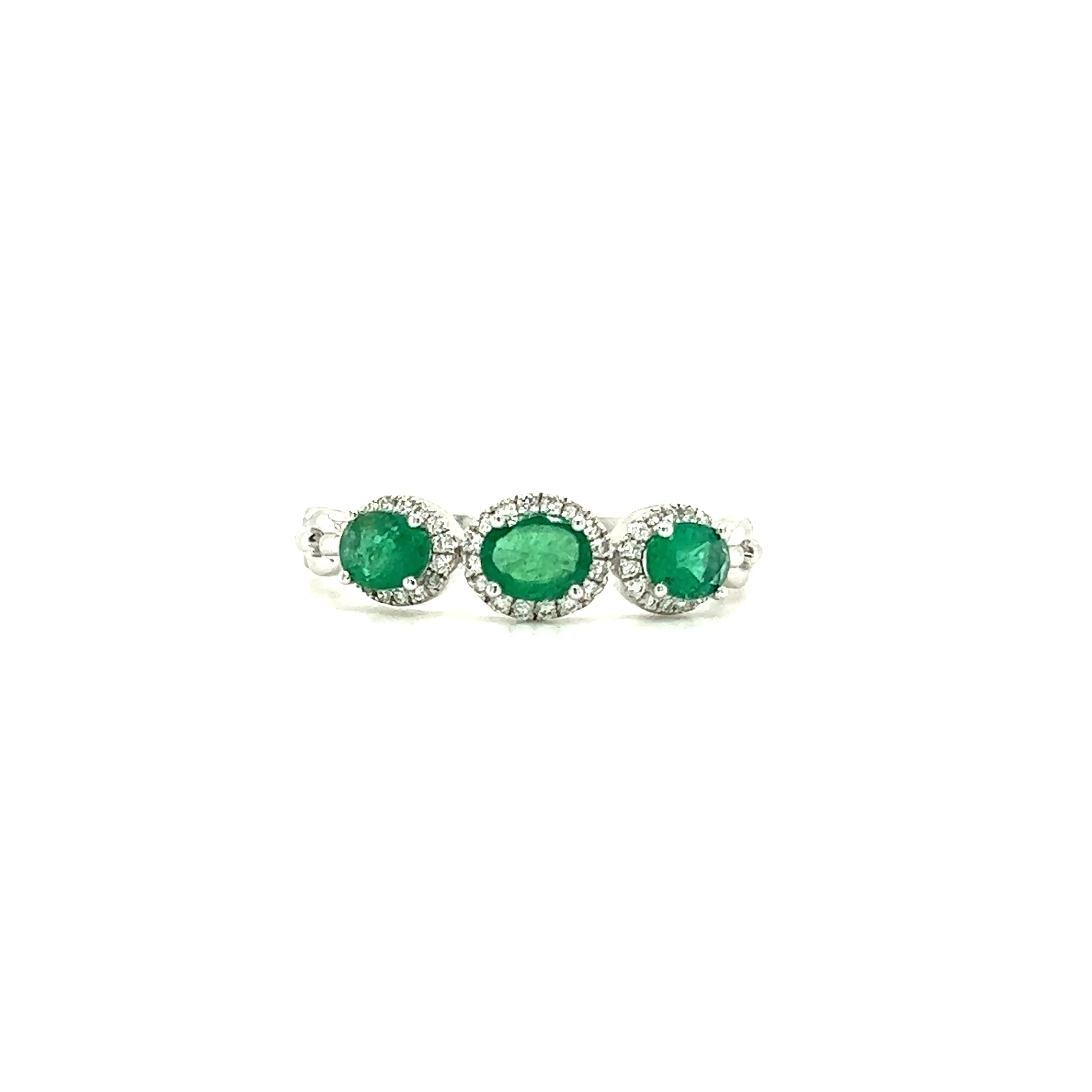 Three Stone Emerald Ring with Forty-Eight Diamonds in 14K White Gold