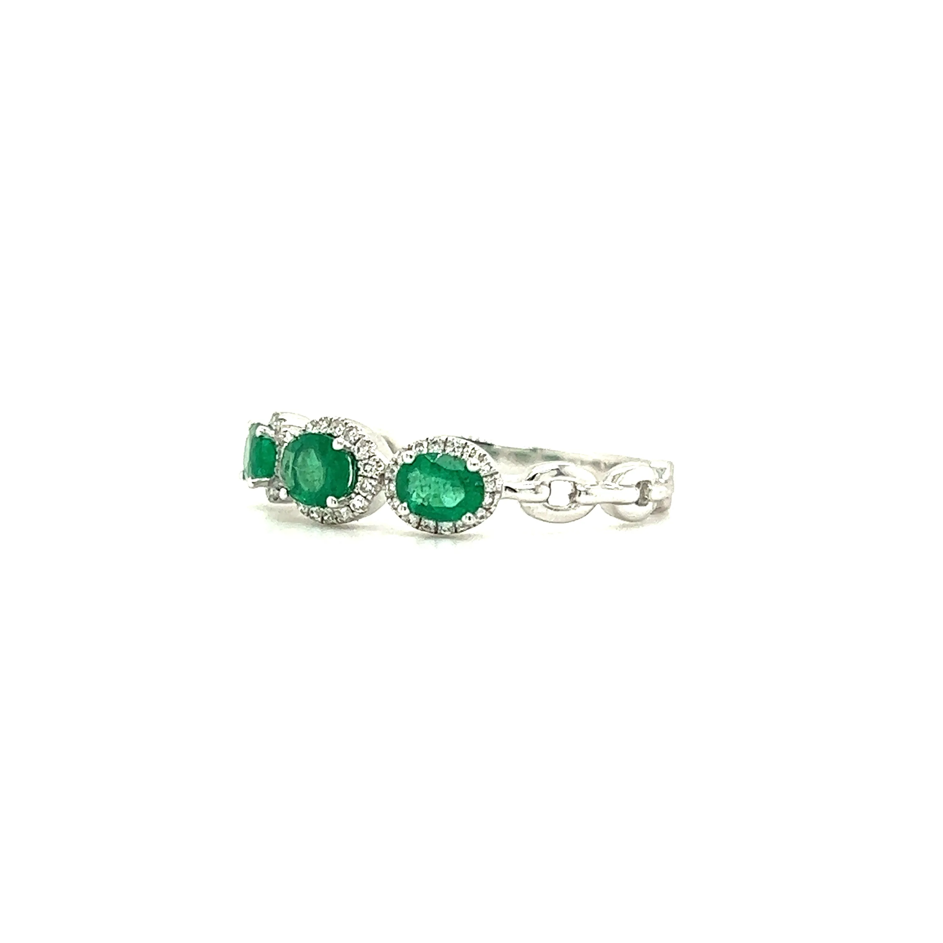 Three Stone Emerald Ring with Forty-Eight Diamonds in 14K White Gold