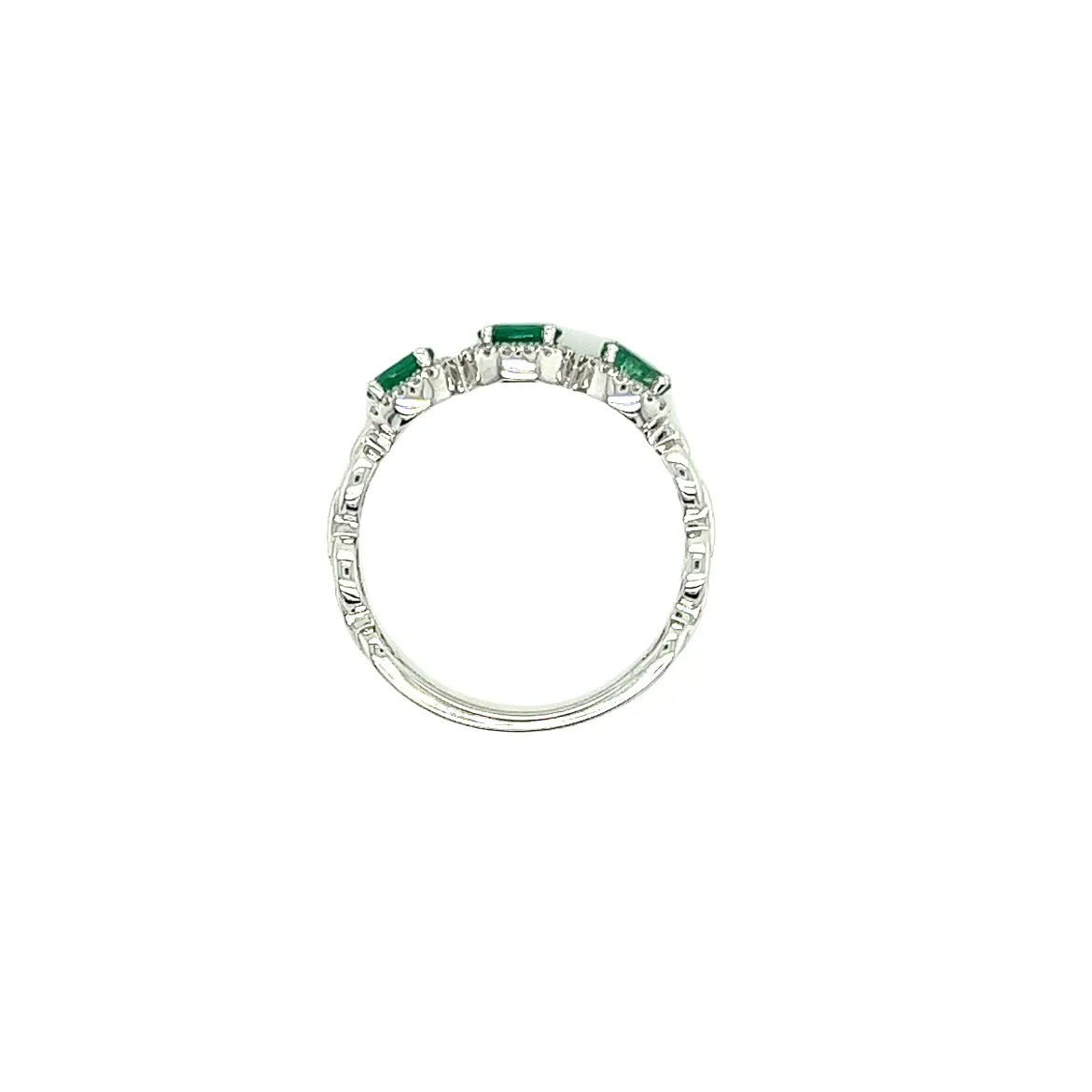 Three Stone Emerald Ring with Forty-Eight Diamonds in 14K White Gold