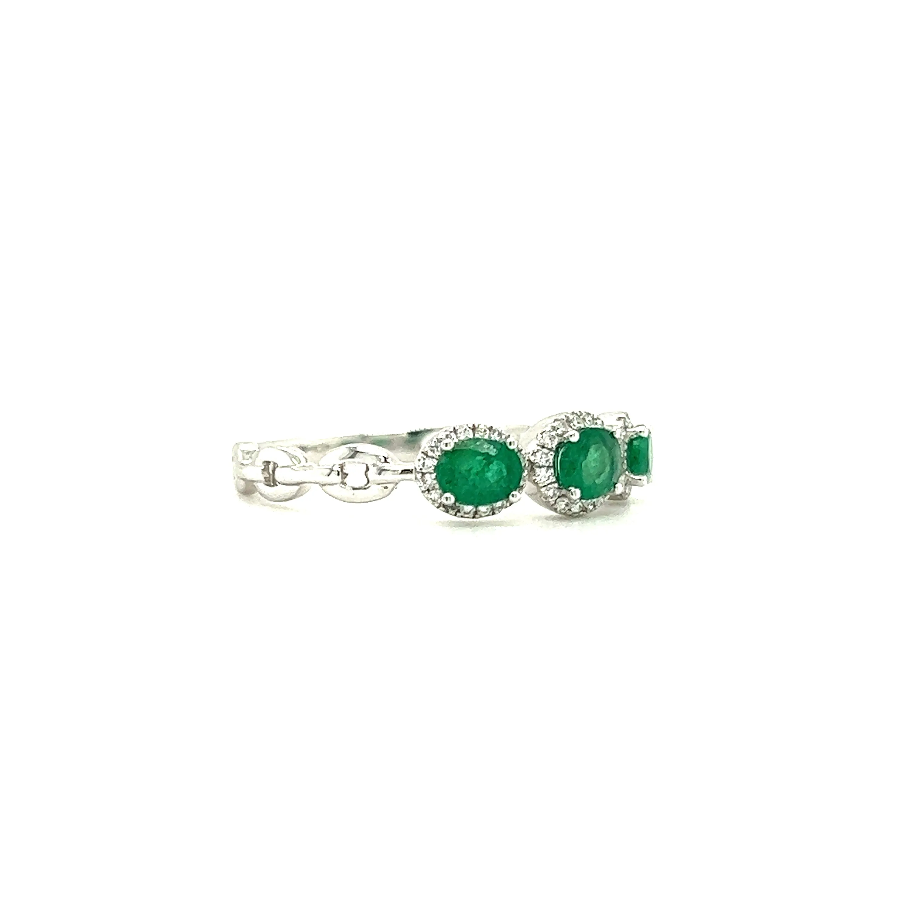 Three Stone Emerald Ring with Forty-Eight Diamonds in 14K White Gold