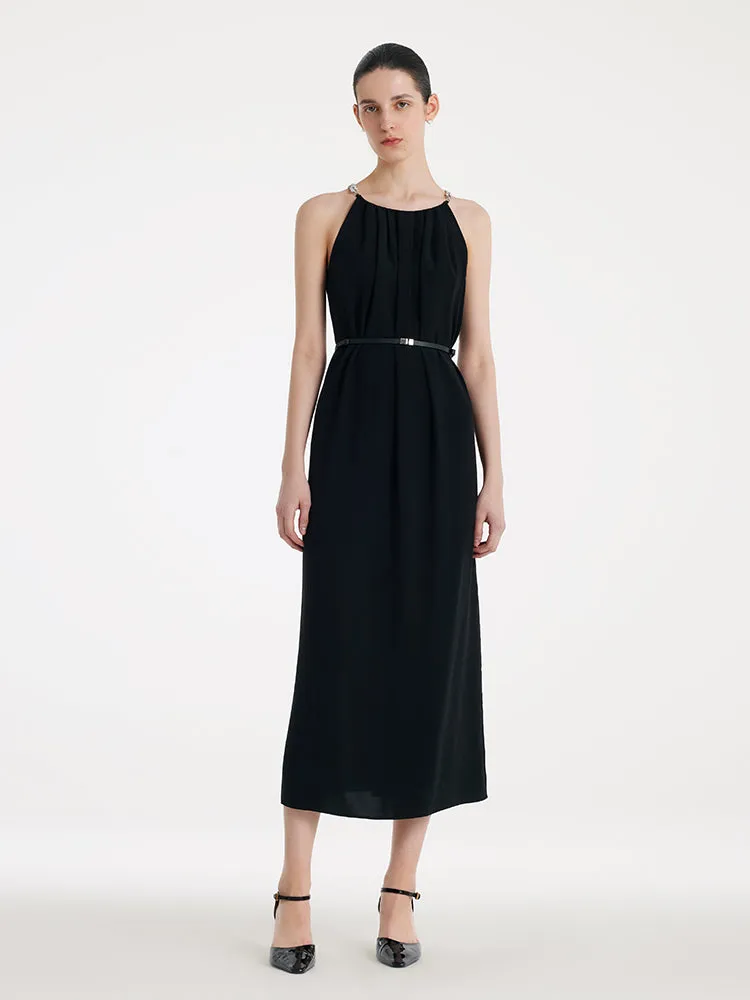 Triacetate Women Maxi Dress With Detachable Chains And Belt