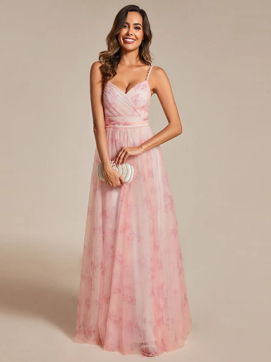 Tulle Floral Printed Spaghetti Strap Evening Dress with V-Neck