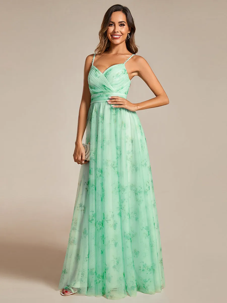 Tulle Floral Printed Spaghetti Strap Evening Dress with V-Neck