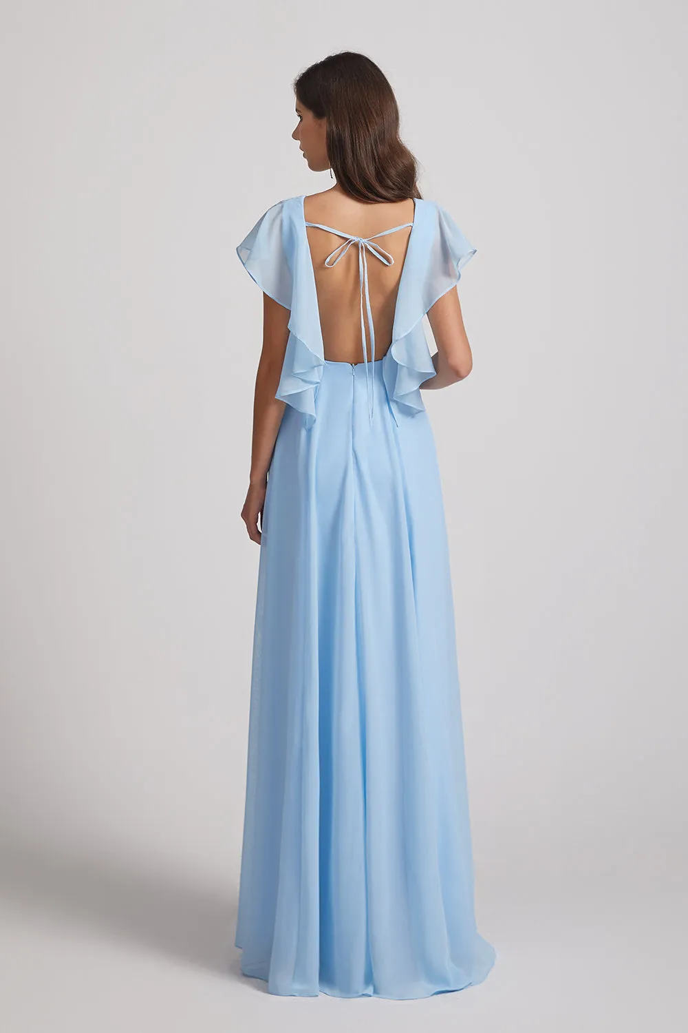 V-Neck Flutter Sleeve Backless Chiffon Bridesmaid Dresses with Side Slit (AF0070)