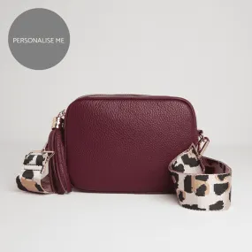 Verona Crossbody Burgundy Tassel Bag With Light Pink Leopard Strap