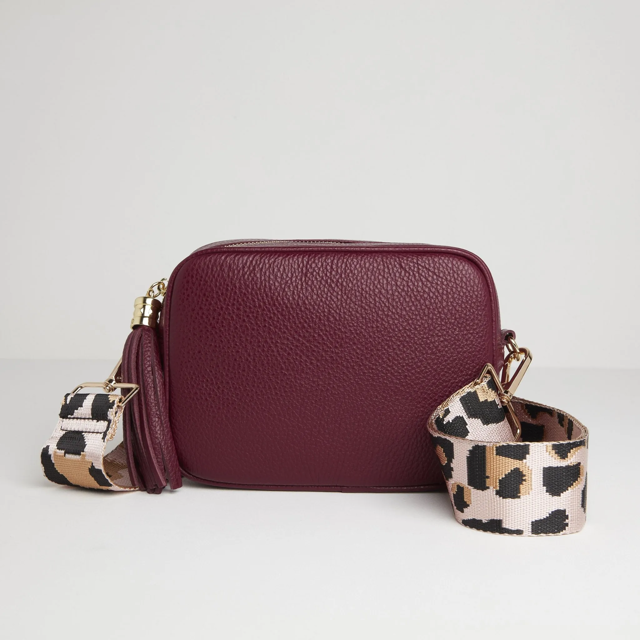 Verona Crossbody Burgundy Tassel Bag With Light Pink Leopard Strap