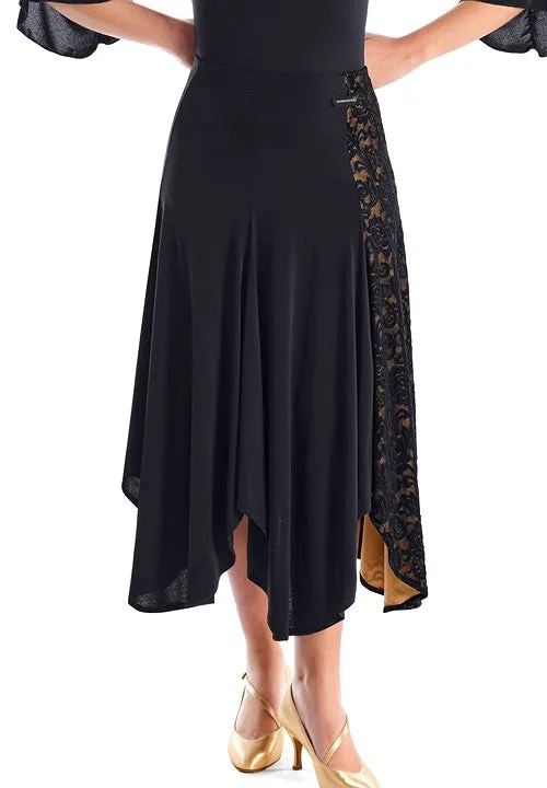 Victoria Blitz Pachino Black Ballroom Practice Skirt with a Floral Lace Panel on the Side with Nude Lining and Asymmetrical Hemline PRA 737 in Stock