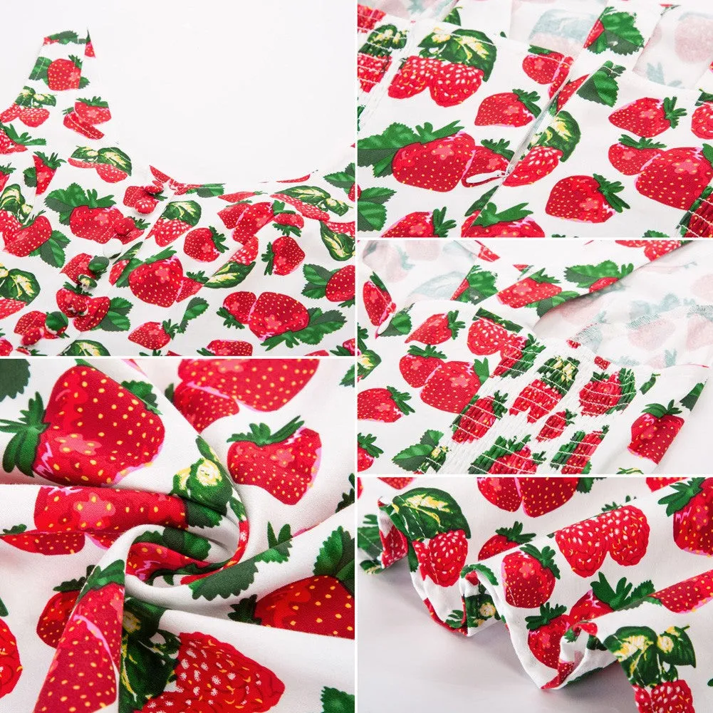 Vintage Fans Look of Strawberry Printed Vintage Sleeveless V-Neck Flared A-Line Cotton Dress