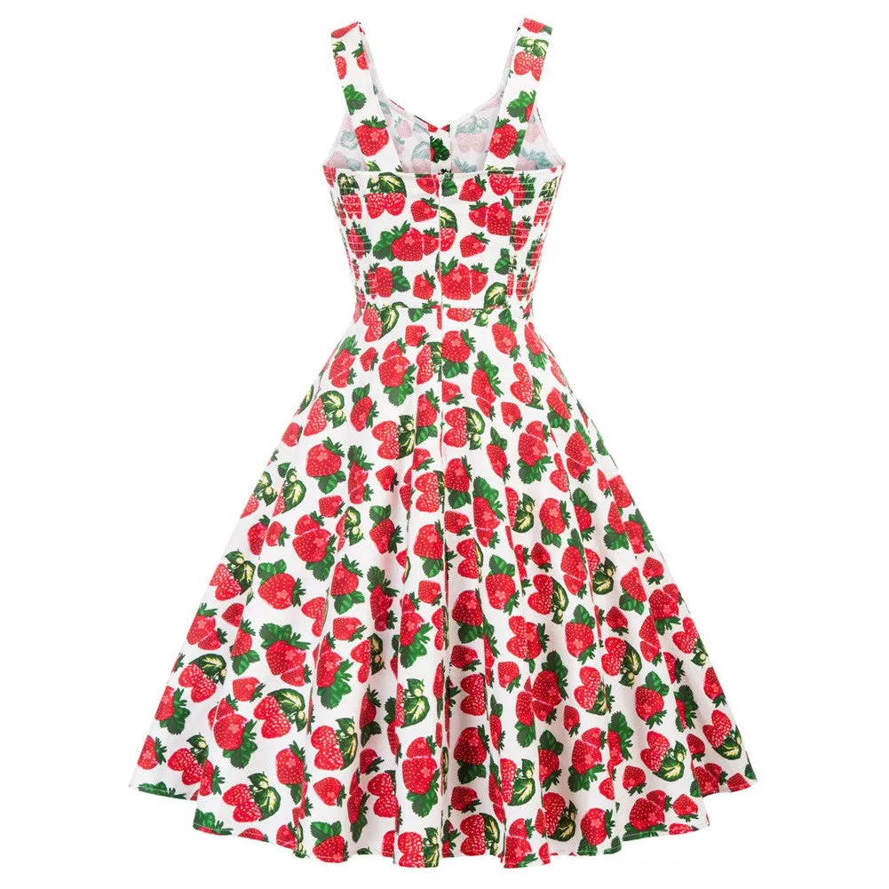 Vintage Fans Look of Strawberry Printed Vintage Sleeveless V-Neck Flared A-Line Cotton Dress