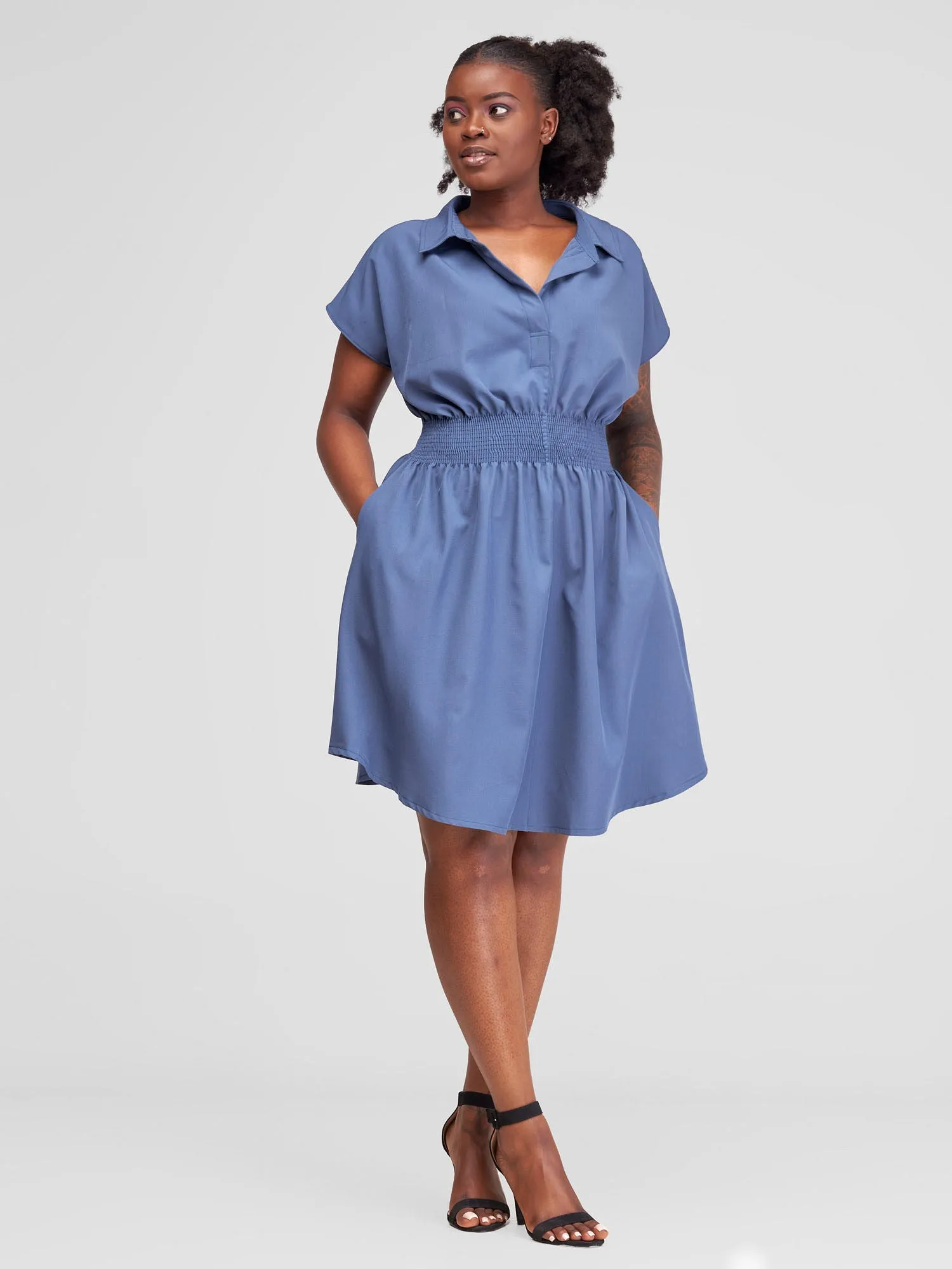 Vivo Zena Shirred Waist Shirt Dress - Blue