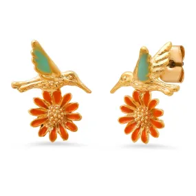 Whimsical Enamel Bird and Daisy Studs