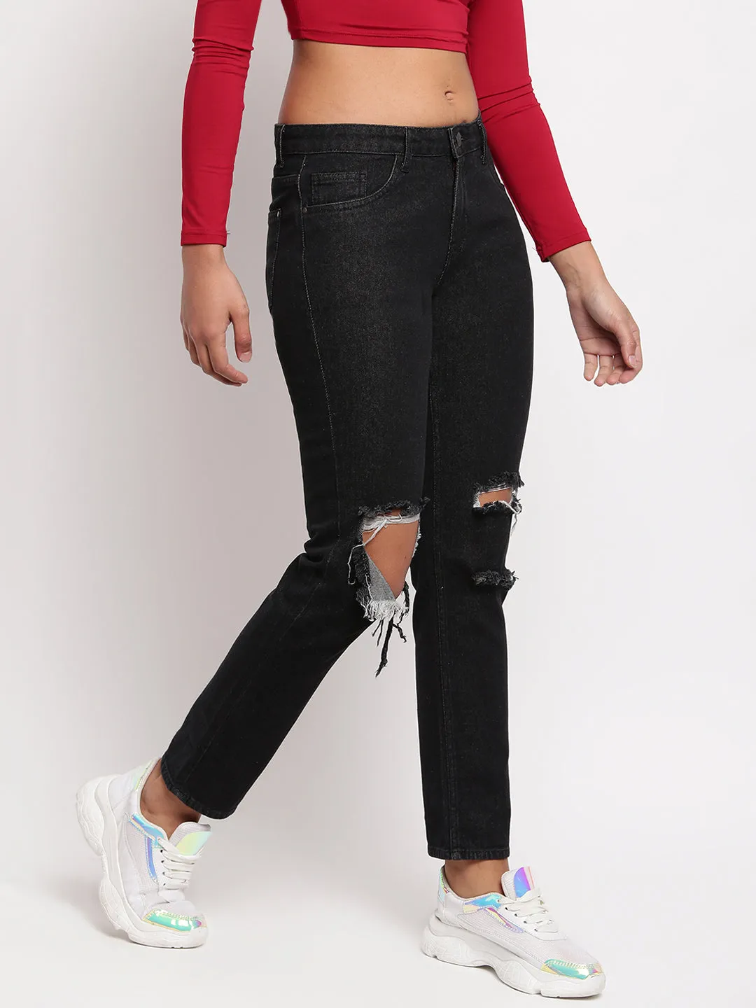 Women Black Mid Waist Distressed Denim Jeans