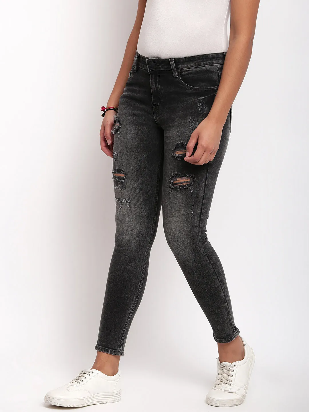 Women Black Mid Waist Skinny Fit Distressed Denim Jeans