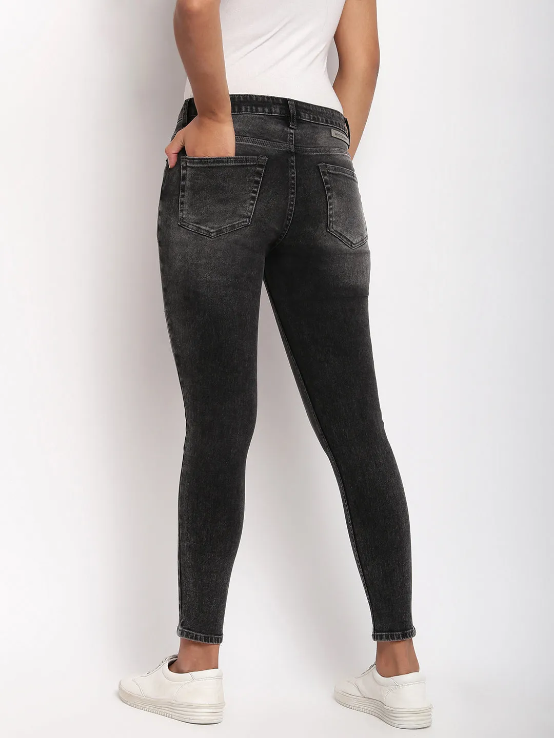 Women Black Mid Waist Skinny Fit Distressed Denim Jeans