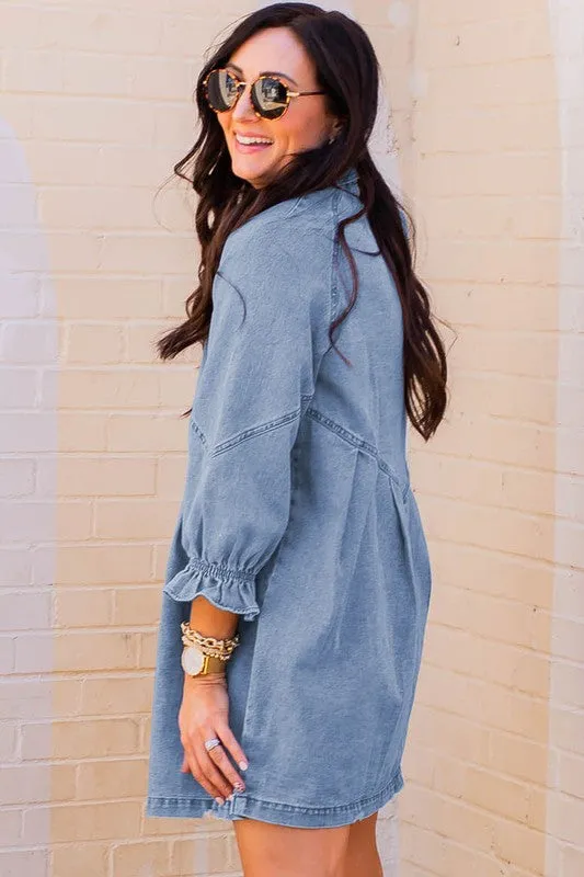 Women Buttoned Long Sleeve Denim Mini Dress