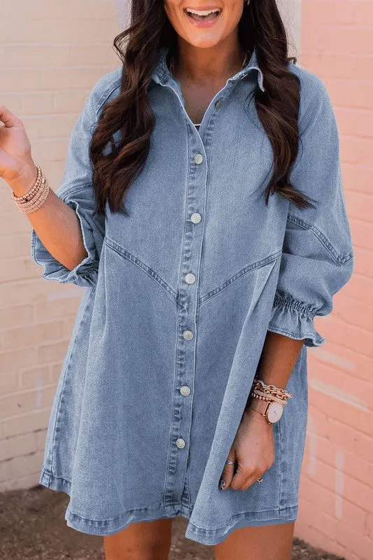 Women Buttoned Long Sleeve Denim Mini Dress