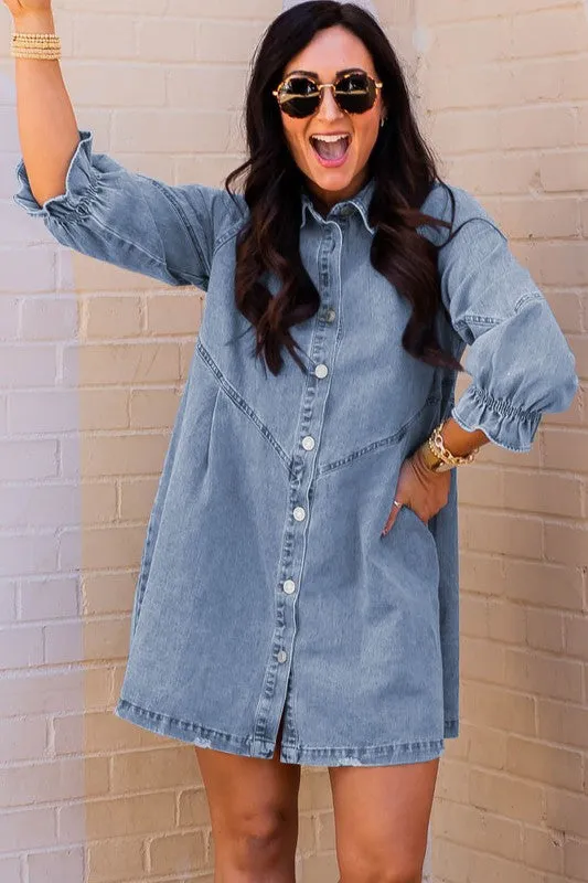 Women Buttoned Long Sleeve Denim Mini Dress