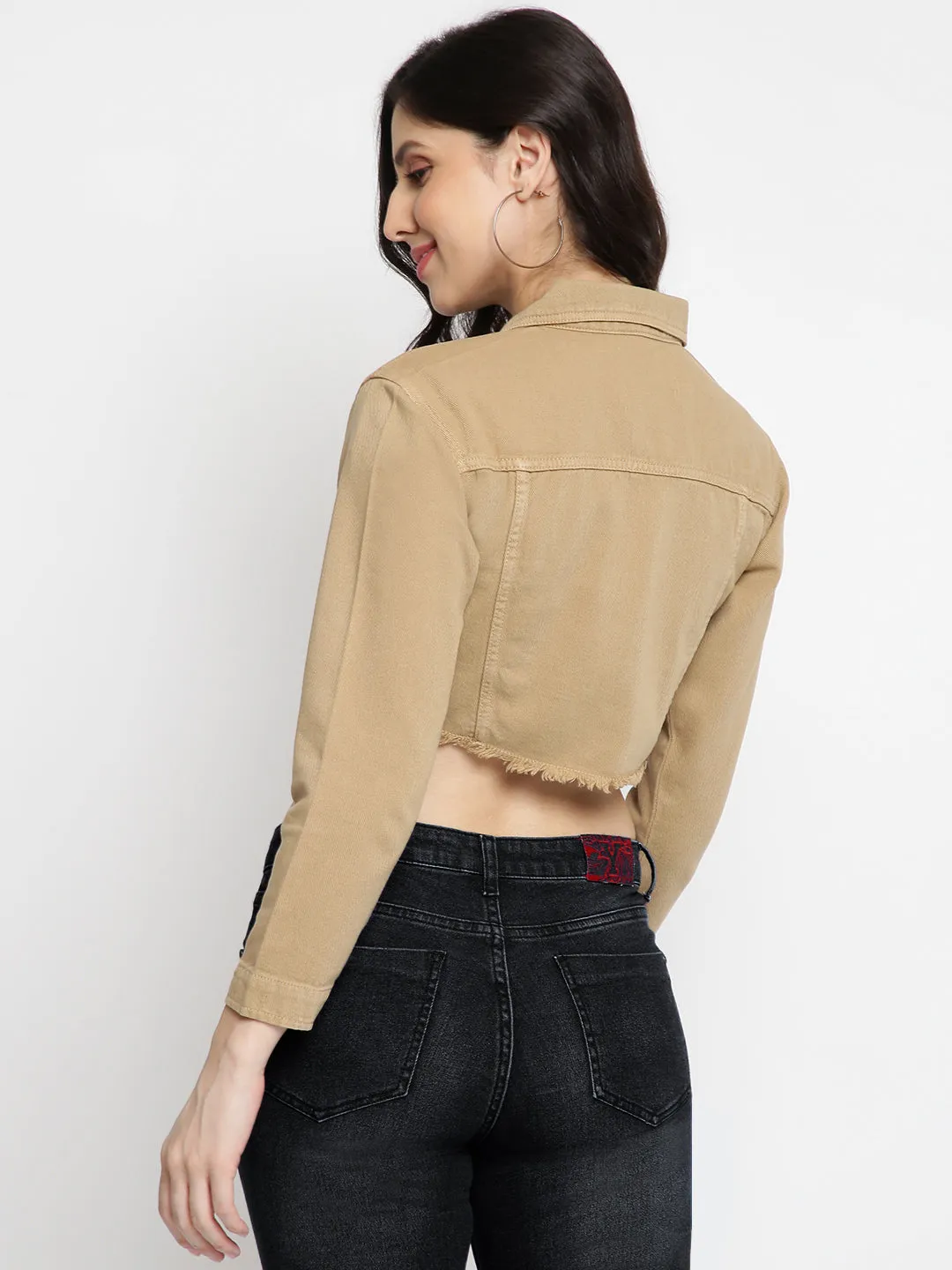 Women Khaki Cropped Denim Jacket