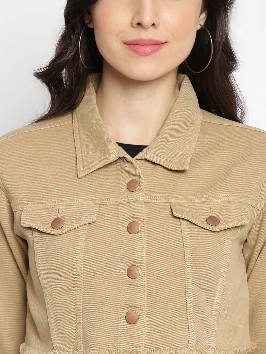 Women Khaki Cropped Denim Jacket